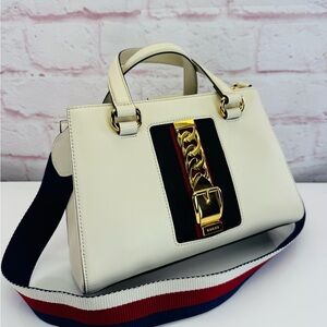 Gucci Sylvie Top Handle 2 Way Handbag White Web Strap
